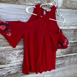 Umgee red cold shoulder cross front top